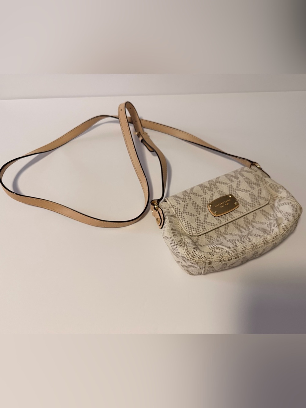Michael Kors Cream Logo Crossbody with Gold Plate